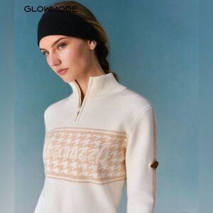 GLOWMODE Snowbound Houndstooth Jacquard Quarter-Zip Sweater - Cream
